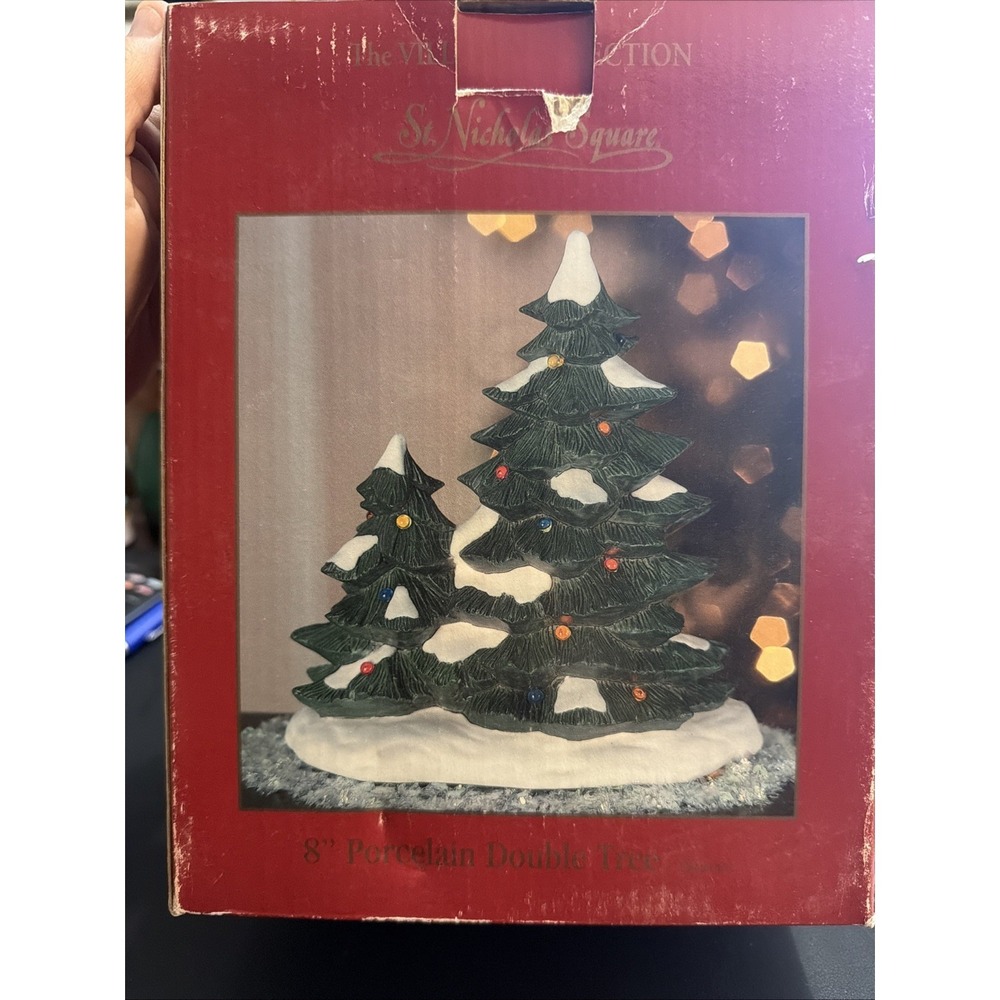 St. Nicholas Square Village Christmas 8" Lighted Porcelain Double Tree Lighted!